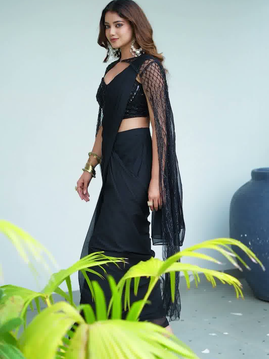 Black Sequins Embroidered Saree with Designer Blouse & Net Cape
