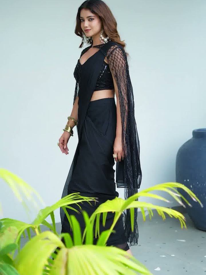 Black Sequins Embroidered Saree with Designer Blouse & Net Cape
