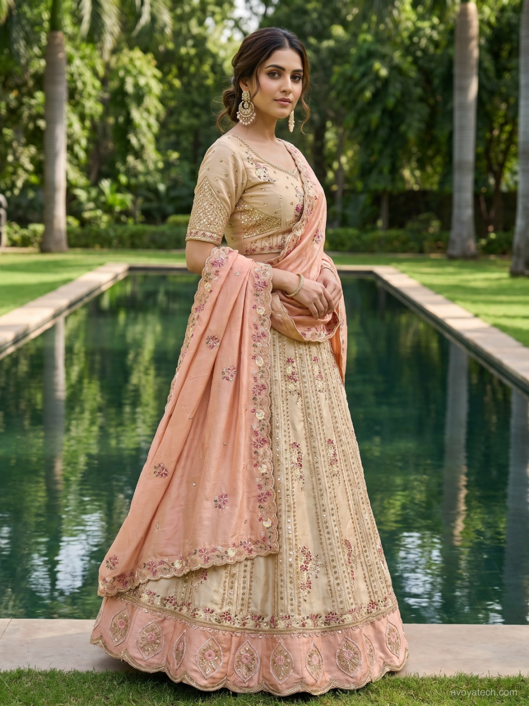 Sequin & Floral Embroidered Unstitched Lehenga with Blouse Fabric in Beige Peach