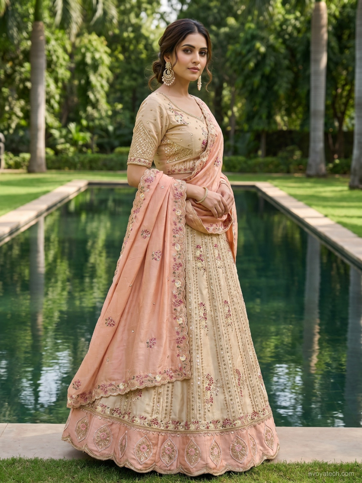 Sequin & Floral Embroidered Unstitched Lehenga with Blouse Fabric in Beige Peach