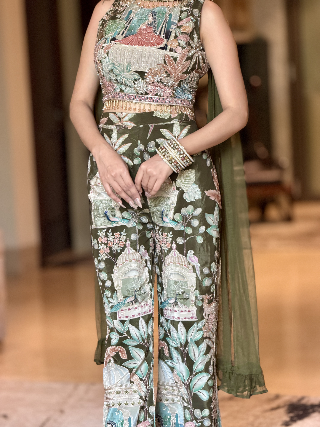 Silk Pichwai Printed & Embellished Co-ord Set with Dupatta in Olive Green
