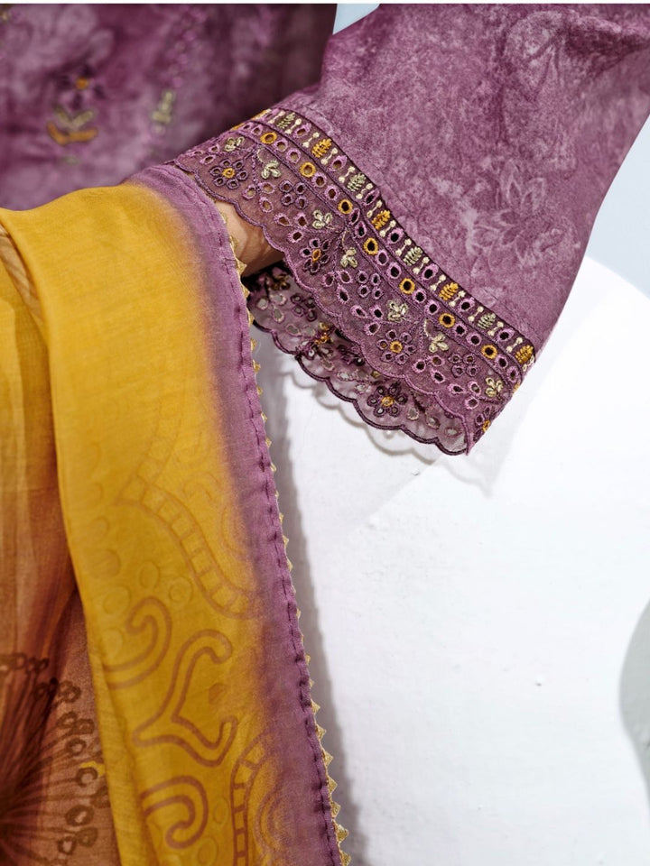 Cotton Printed & Embroidered Unstitched Suit Dupatta in Mauve & Mustard