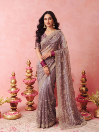 Tissue Organza Saree with Zari Floral Vine Embroidery & Scalloped Cutwork Border