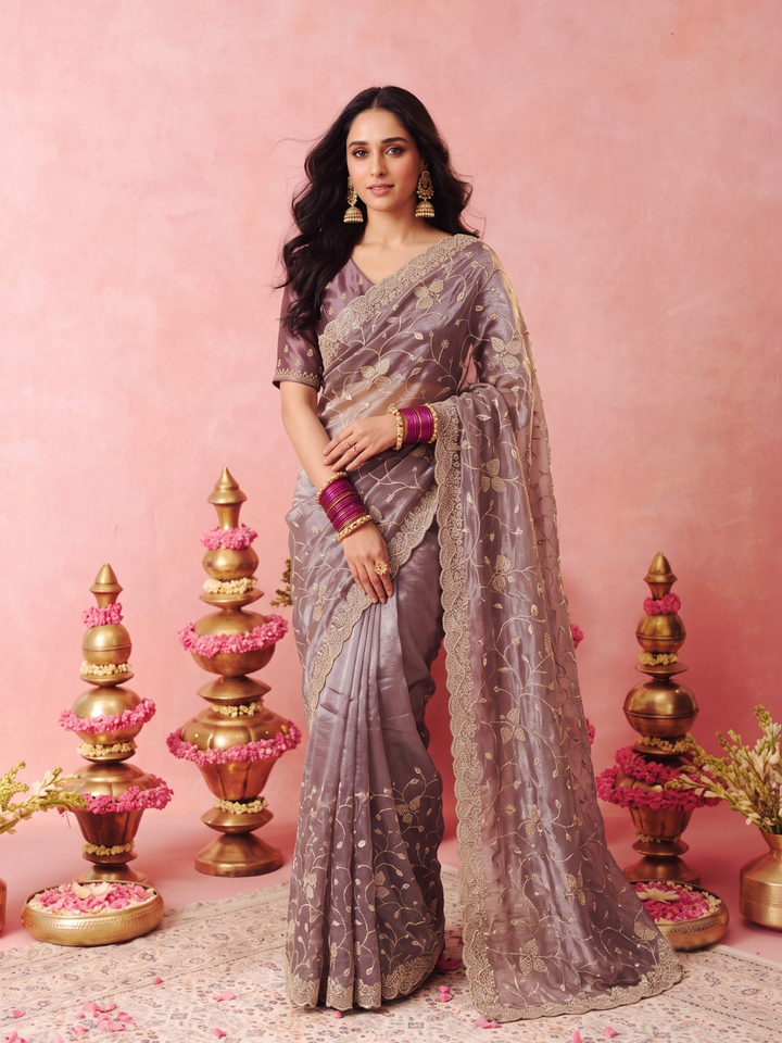 Tissue Organza Saree with Zari Floral Vine Embroidery & Scalloped Cutwork Border