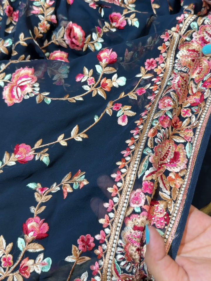 Floral Embroidered Georgette Saree in Navy Blue