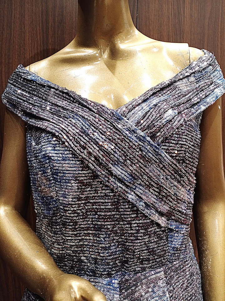 Grey Blue Digital Print Flared Lycra Gown with Floral Embroidery