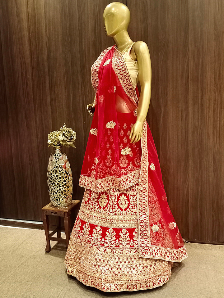 Embellished Semi-stitched Bridal Lehenga with Gold Zari Embroidery