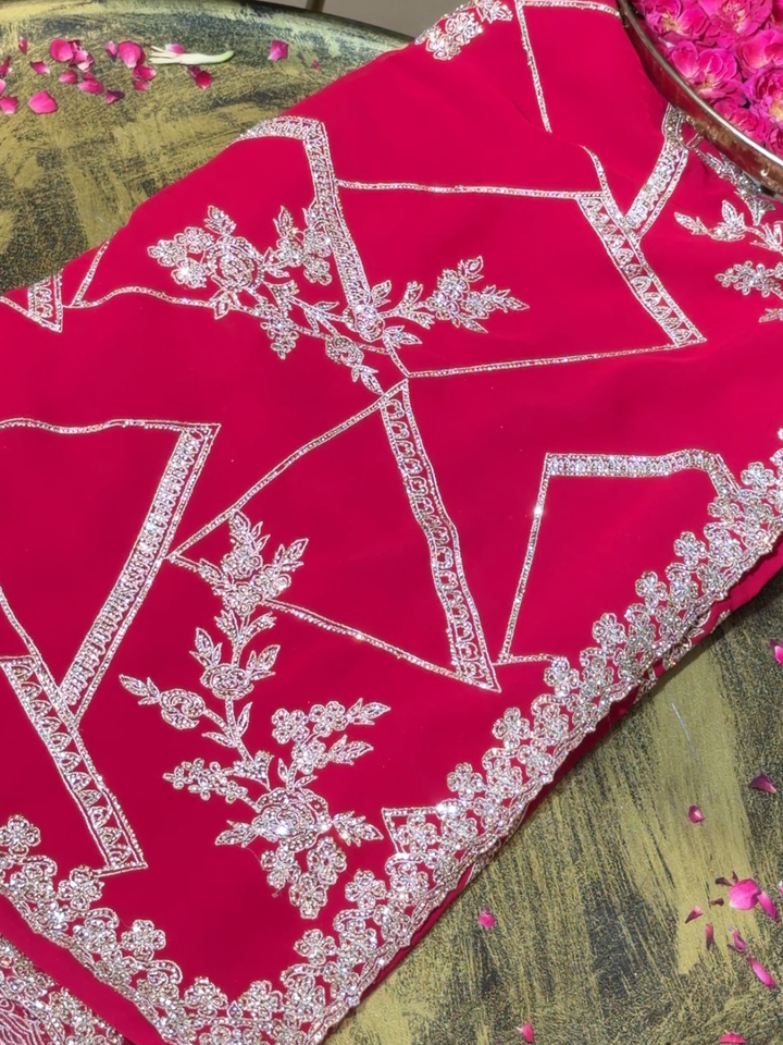 Georgette Heavy Zari & Stone Embroidered Floral & Geometric Saree with Embroidered Border