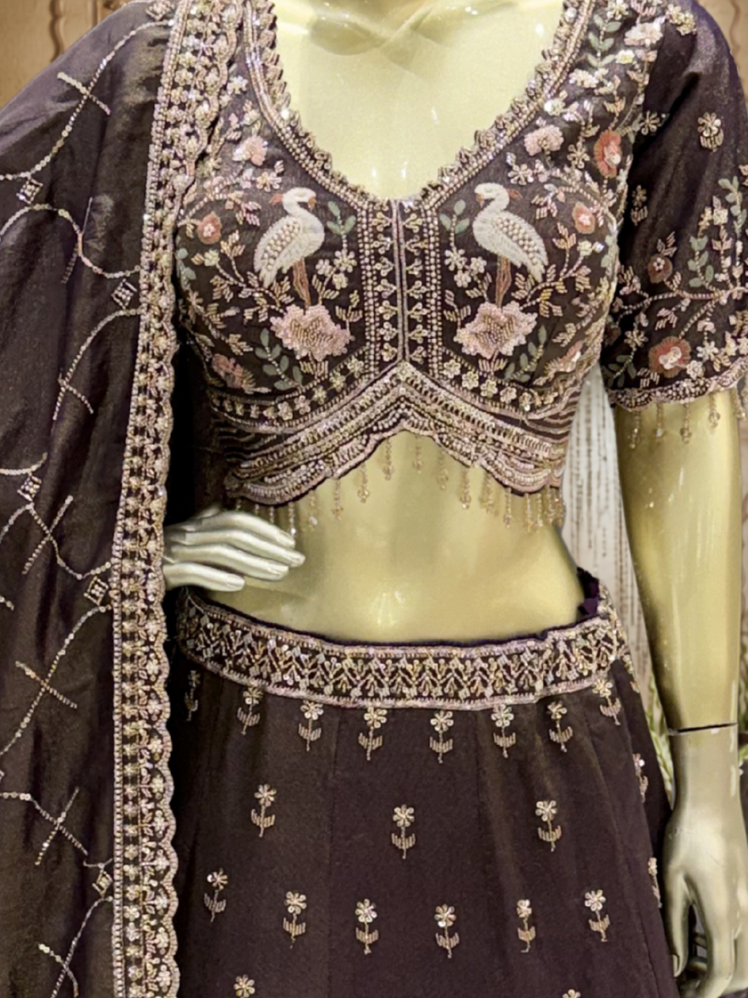 Silk Lehenga Choli with Zari & Resham Floral Embroidery, Crane Motif Blouse & Pearl Tassel Hem with Dupatta
