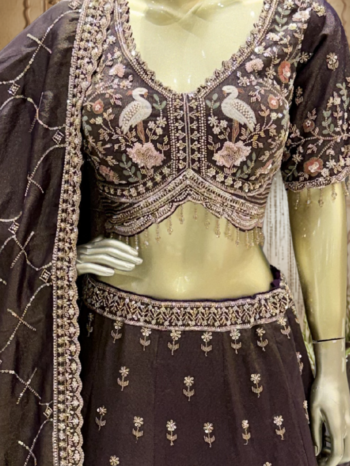 Silk Lehenga Choli with Zari & Resham Floral Embroidery, Crane Motif Blouse & Pearl Tassel Hem with Dupatta