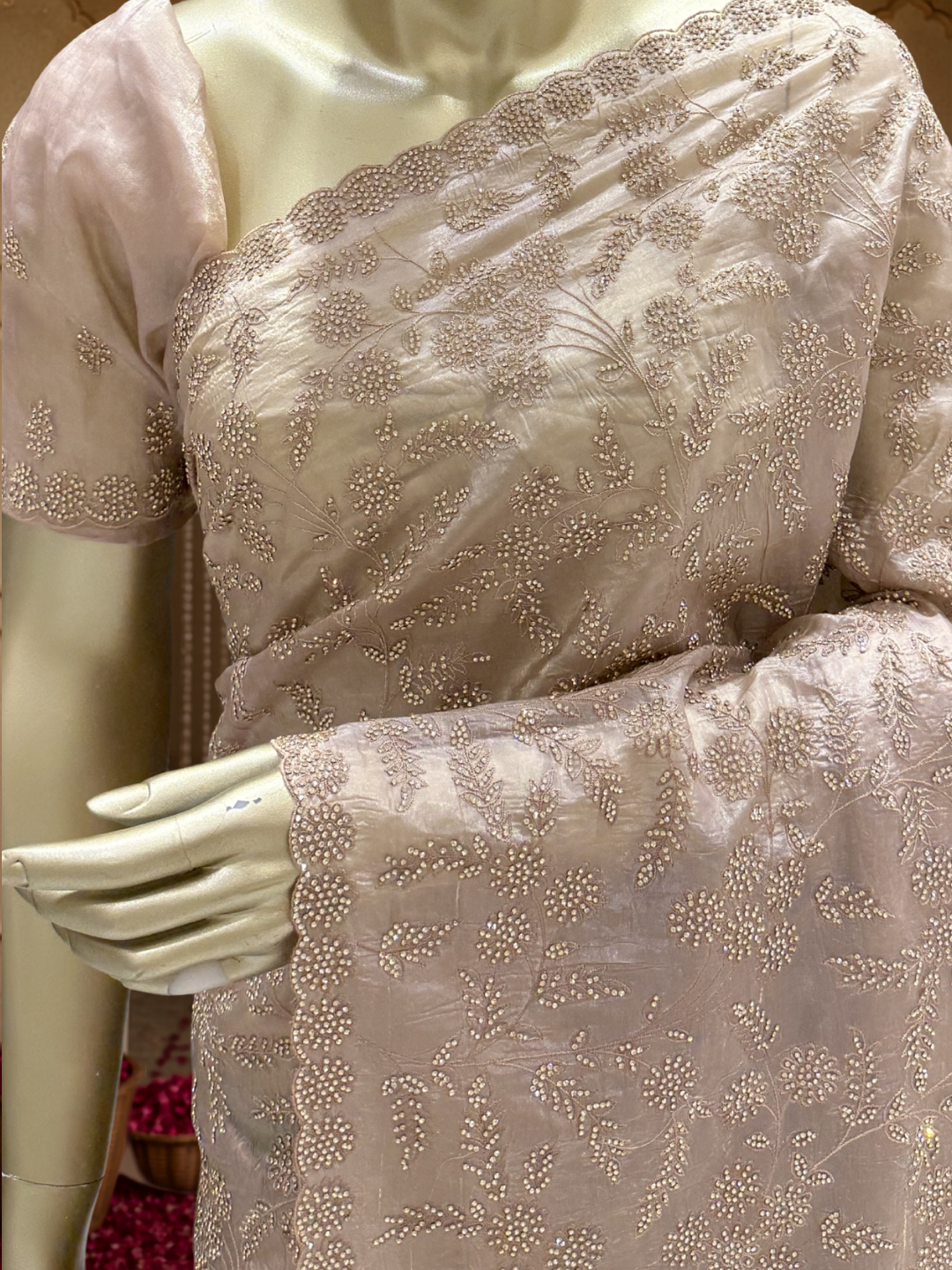 Organza Silk Thread & Sequin Floral Embroidered Saree with Blouse Piece in champagne