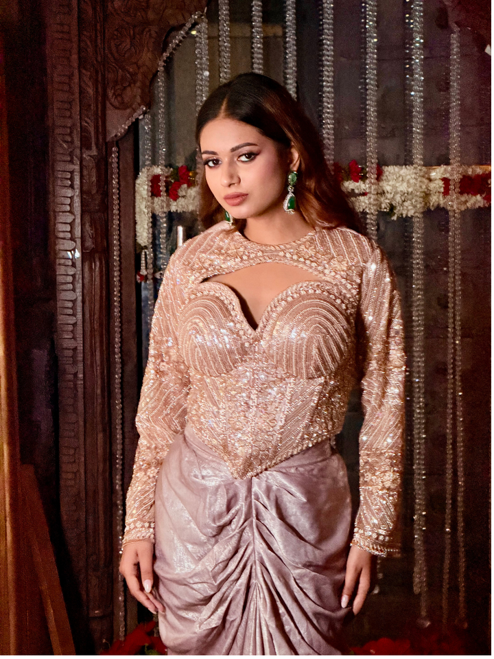 Sequin Embellished Cut-Out Corset Top with Ruched Skirt Set in Rose Gold