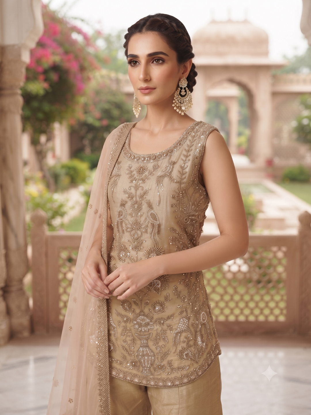 Sleeveless Embellished Kurta with Colour-Block Palazzo Set in Beige