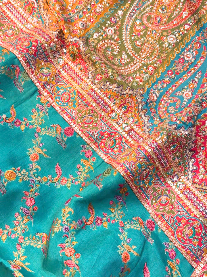 Teal Multicolor Thread Embroidered Paisley Saree with Mirror Work Border