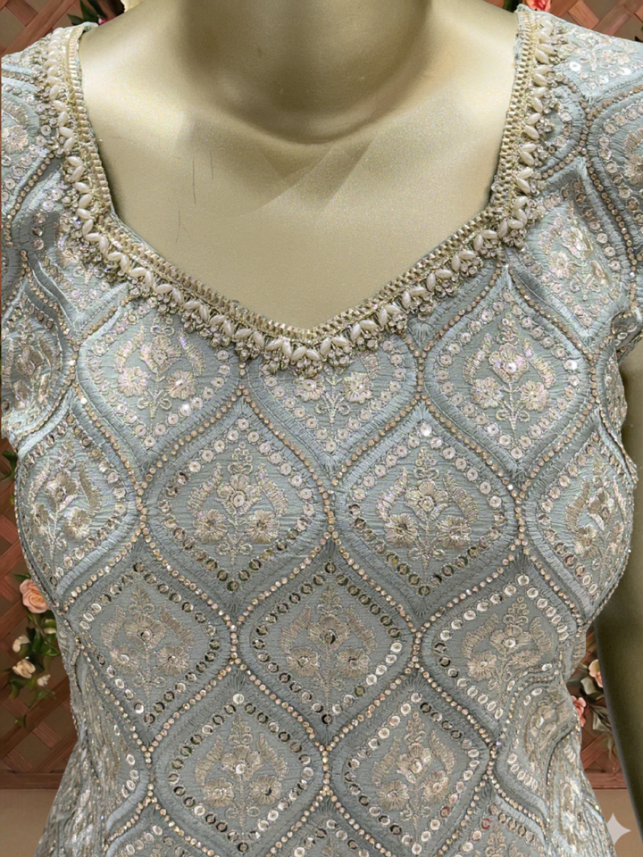 Sequinned Resham Embroidered Georgette Kurta with Sharara and Dupatta with Geometric Jaal Pattern