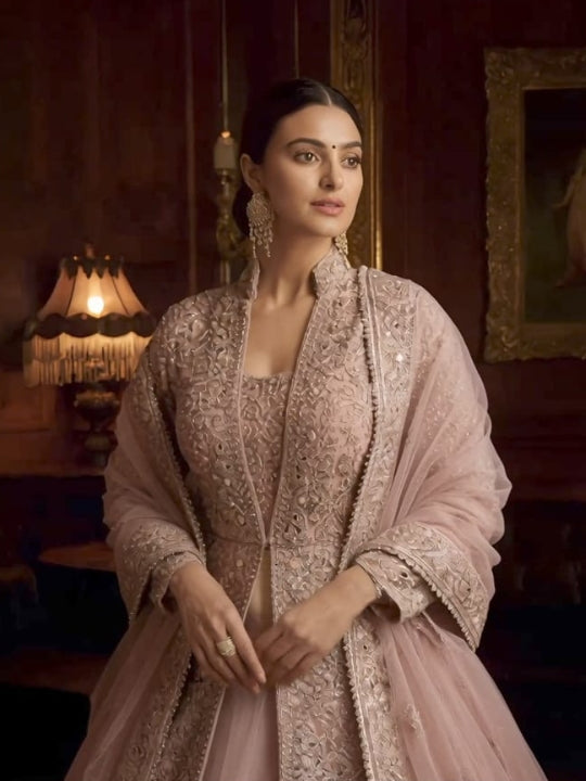 Dusty Pink Bridal Indo-western Lehenga Set with Zardozi Embroidery