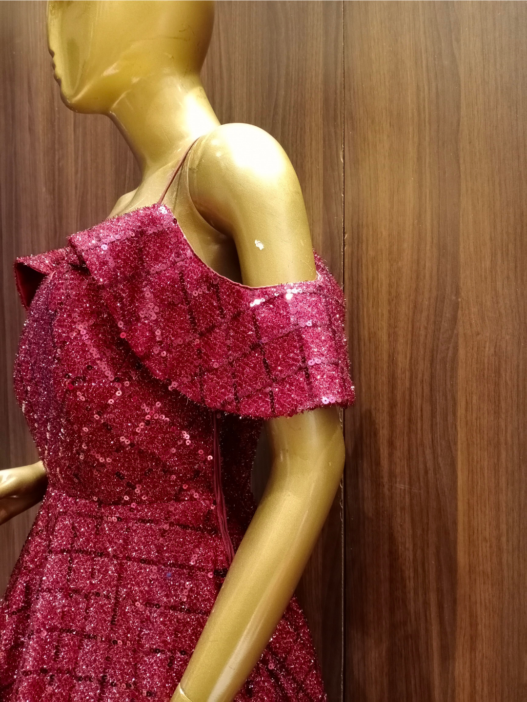 Maroon Flared Sequin Embellished Gown With Cold Shoulder Sleeves