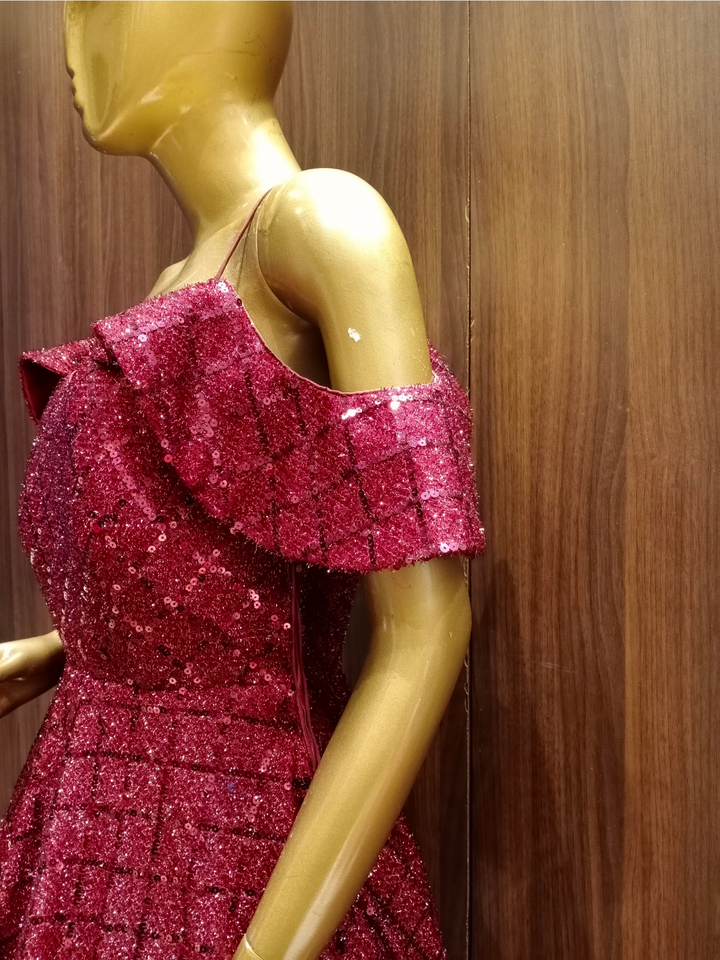 Maroon Flared Sequin Embellished Gown With Cold Shoulder Sleeves