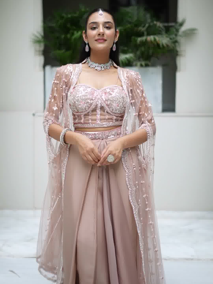 Peach Embroidered Cape Style Co-ord Set