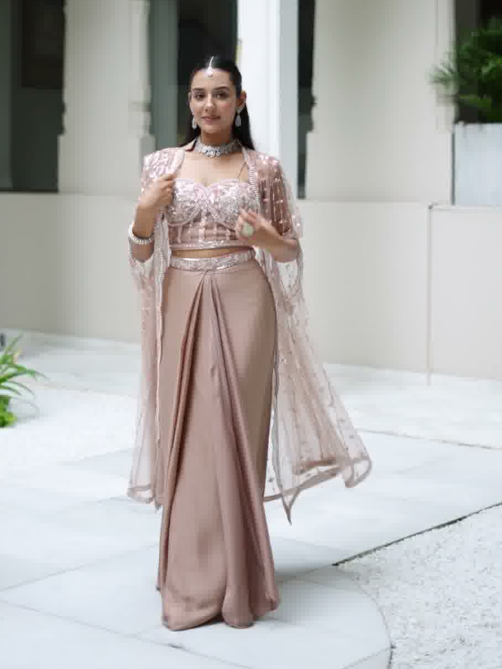 Peach Embroidered Cape Style Co-ord Set