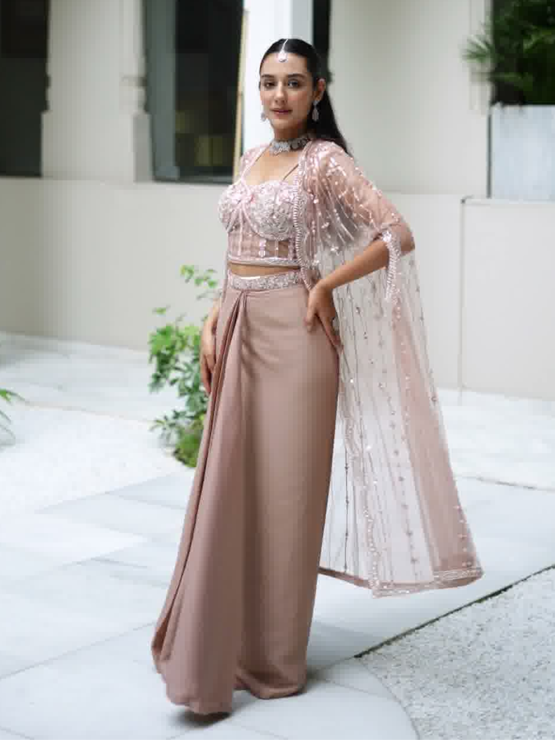 Peach Embroidered Cape Style Co-ord Set