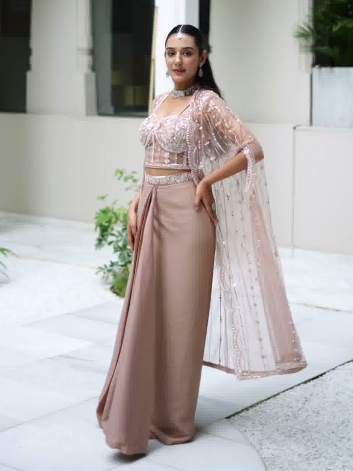 Peach Embroidered Cape Style Co-ord Set