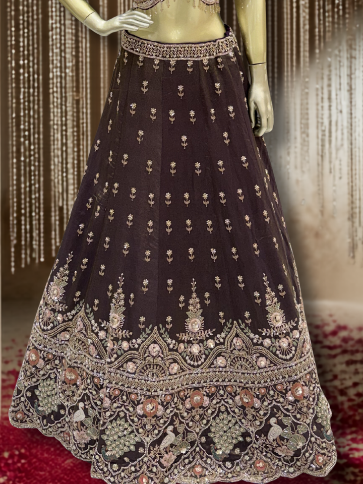 Silk Lehenga Choli with Zari & Resham Floral Embroidery, Crane Motif Blouse & Pearl Tassel Hem with Dupatta