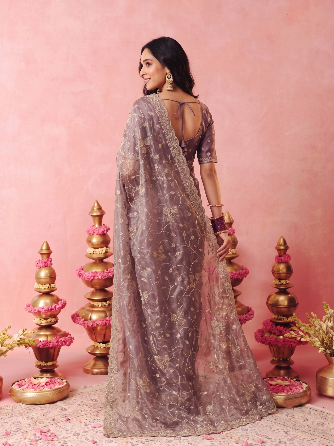 Tissue Organza Saree with Zari Floral Vine Embroidery & Scalloped Cutwork Border