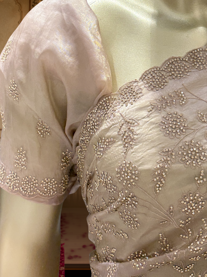 Organza Silk Thread & Sequin Floral Embroidered Saree with Blouse Piece in champagne