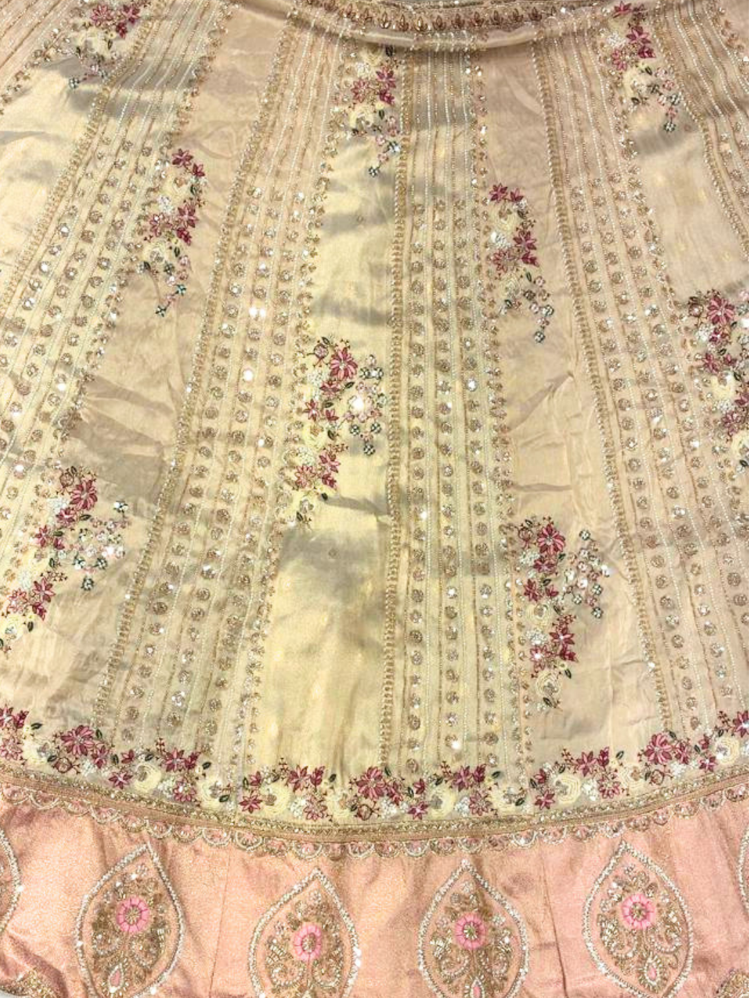 Sequin & Floral Embroidered Unstitched Lehenga with Blouse Fabric in Beige Peach