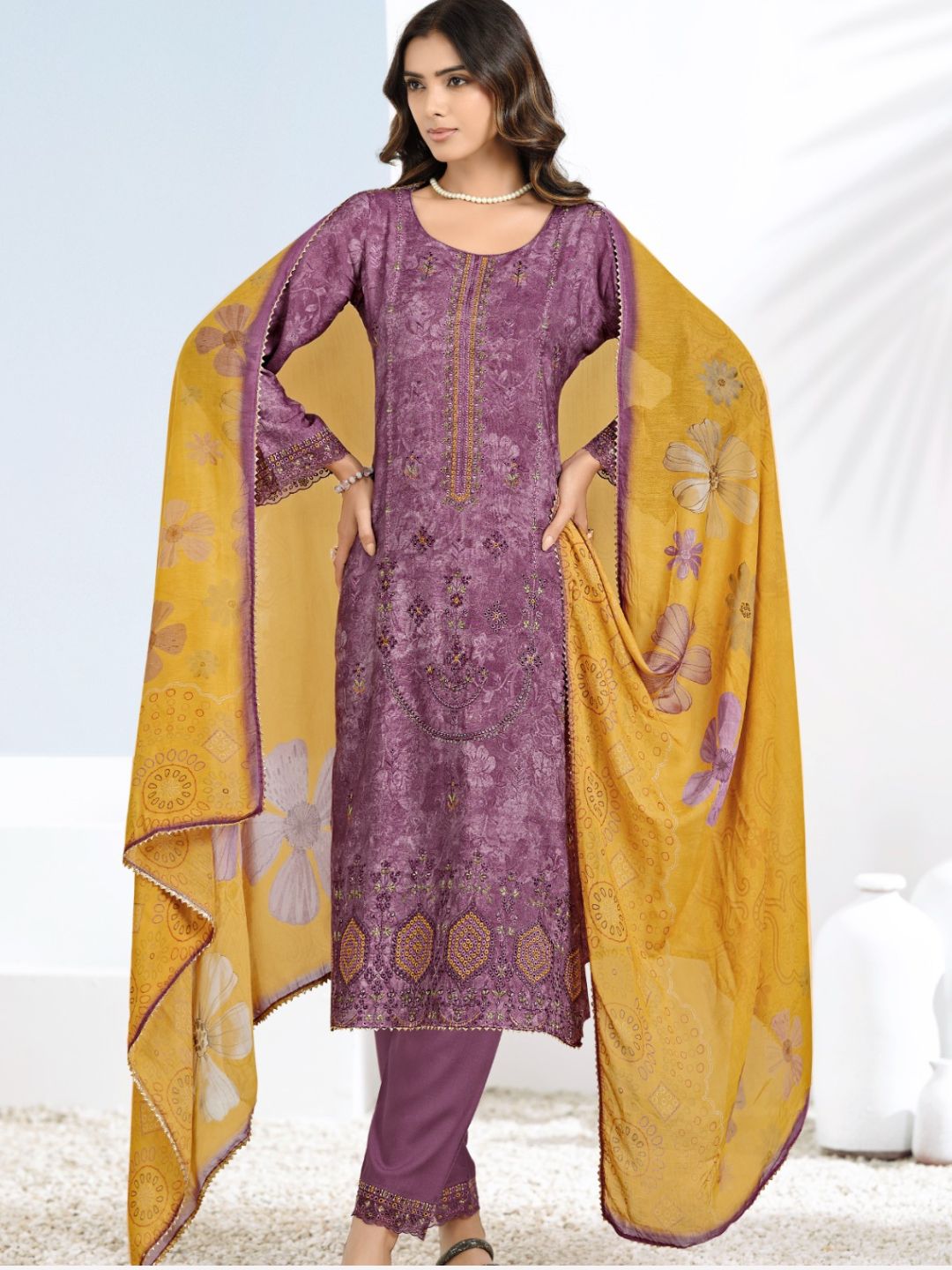 Cotton Printed & Embroidered Unstitched Suit Dupatta in Mauve & Mustard