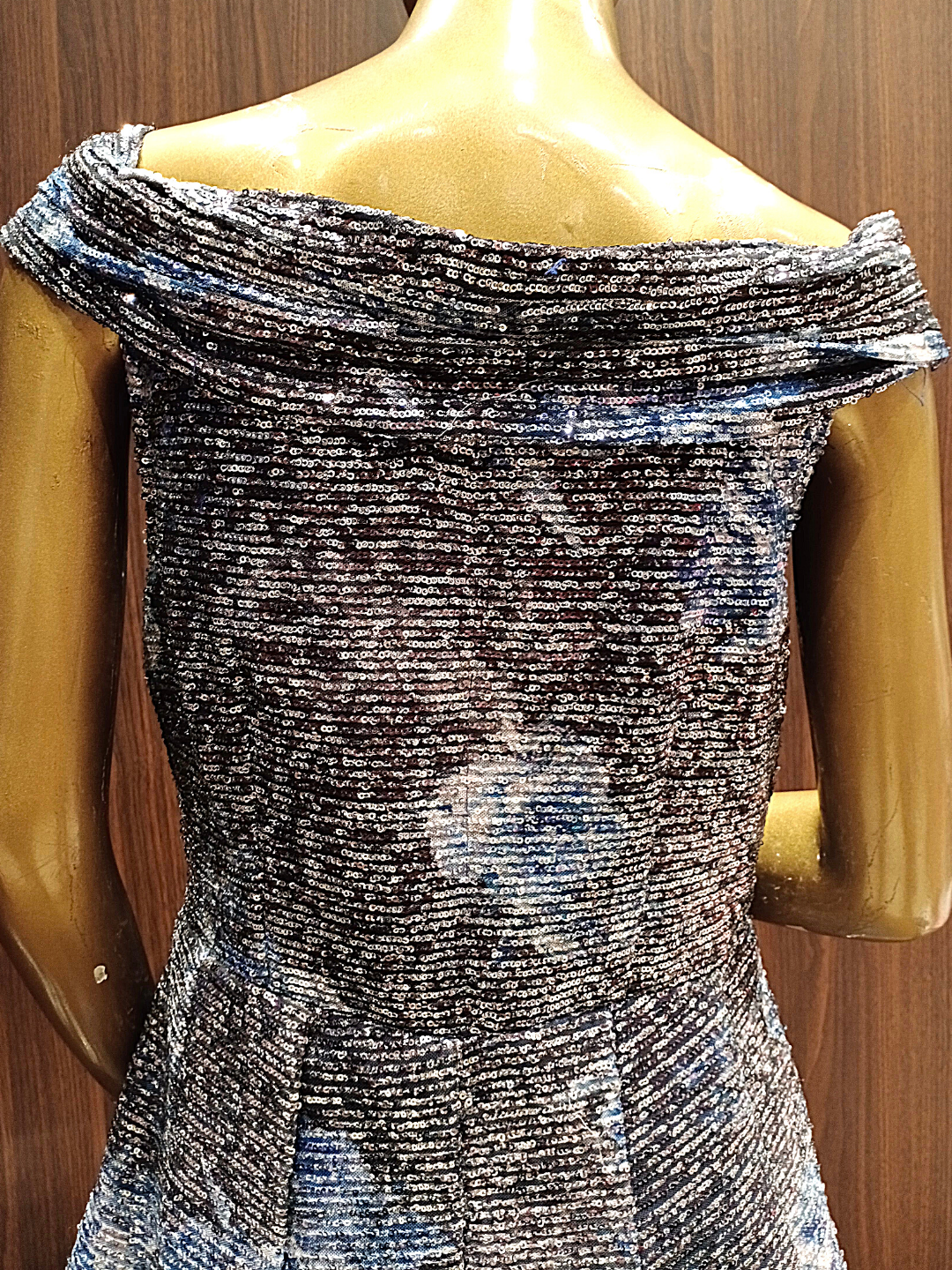 Grey Blue Digital Print Flared Lycra Gown with Floral Embroidery