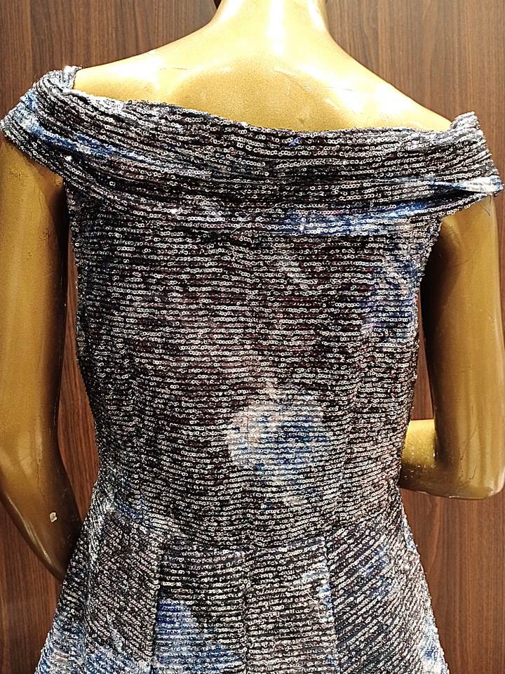 Grey Blue Digital Print Flared Lycra Gown with Floral Embroidery