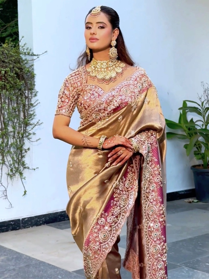 Tissue Silk Heavy Zari & Sequin Embroidered Floral Saree
