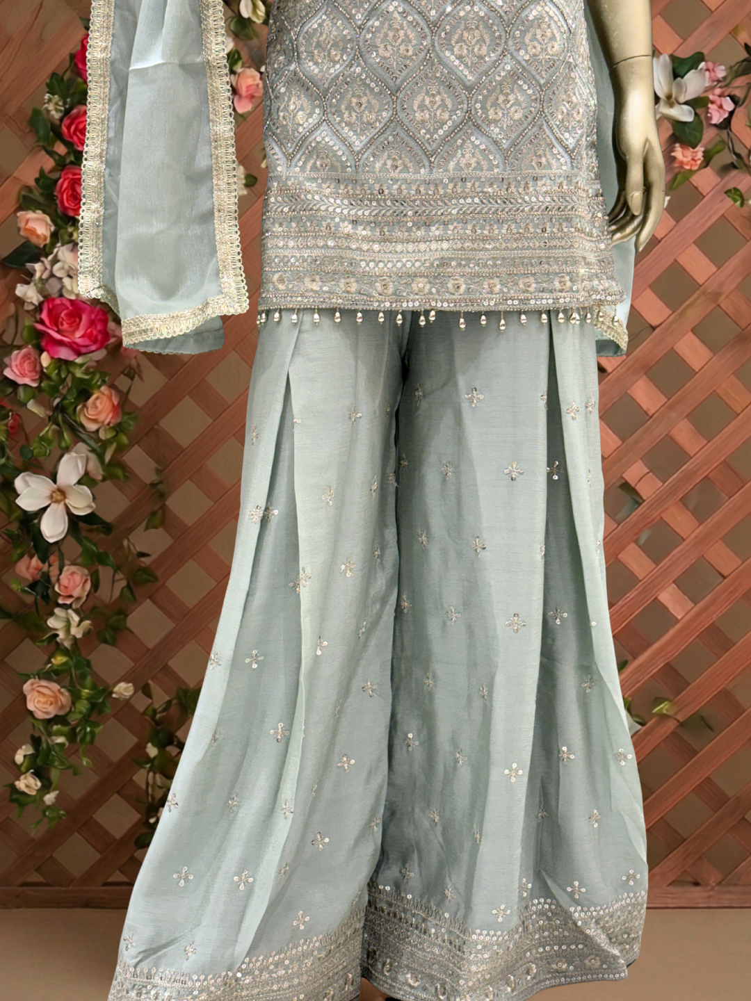 Sequinned Resham Embroidered Georgette Kurta with Sharara and Dupatta with Geometric Jaal Pattern