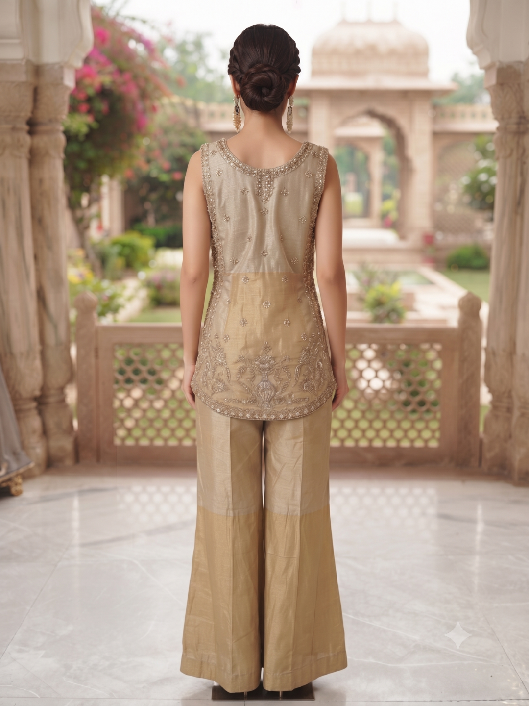 Sleeveless Embellished Kurta with Colour-Block Palazzo Set in Beige