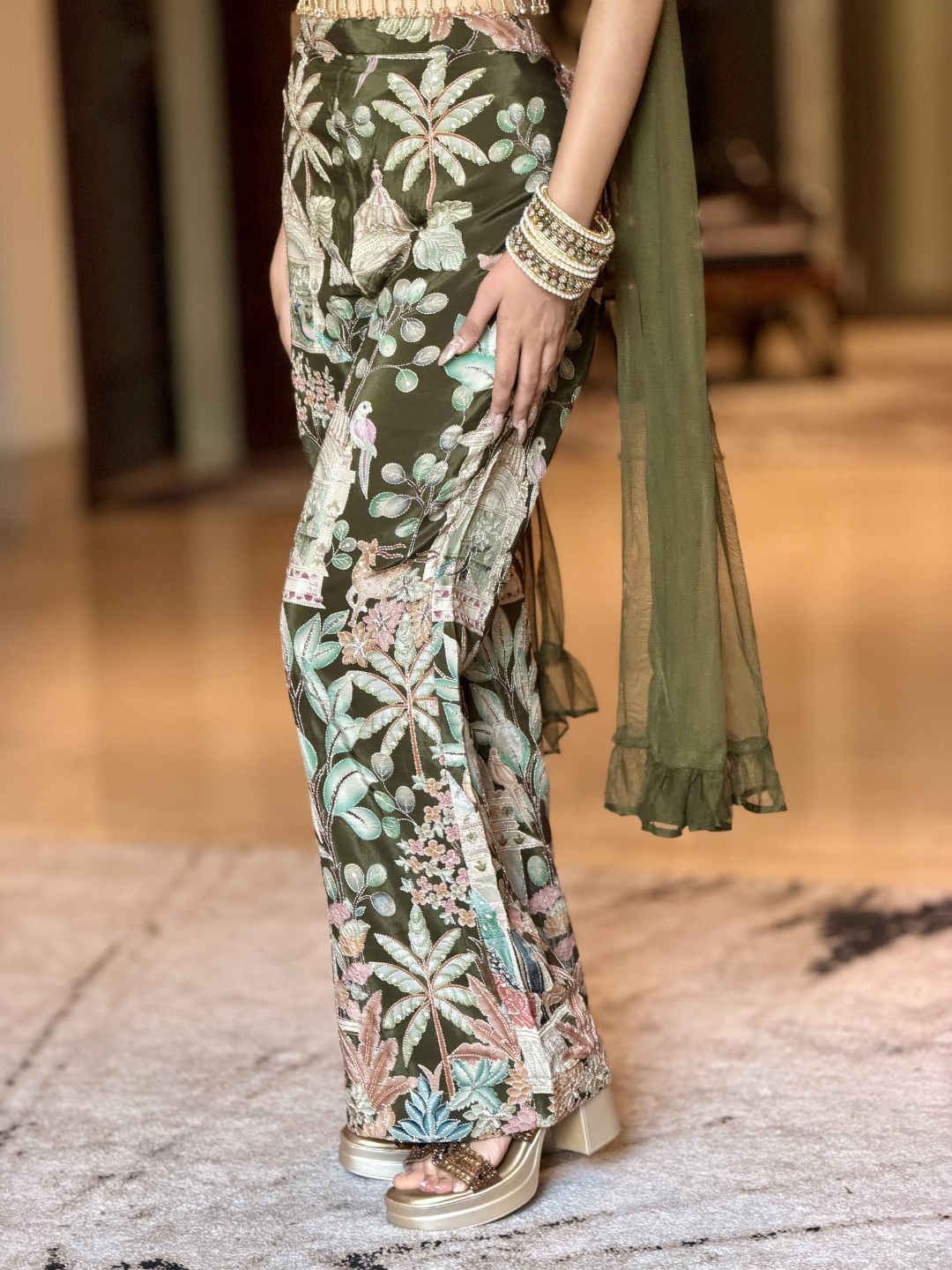 Silk Pichwai Printed & Embellished Co-ord Set with Dupatta in Olive Green