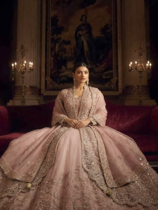Dusty Pink Bridal Indo-western Lehenga Set with Zardozi Embroidery