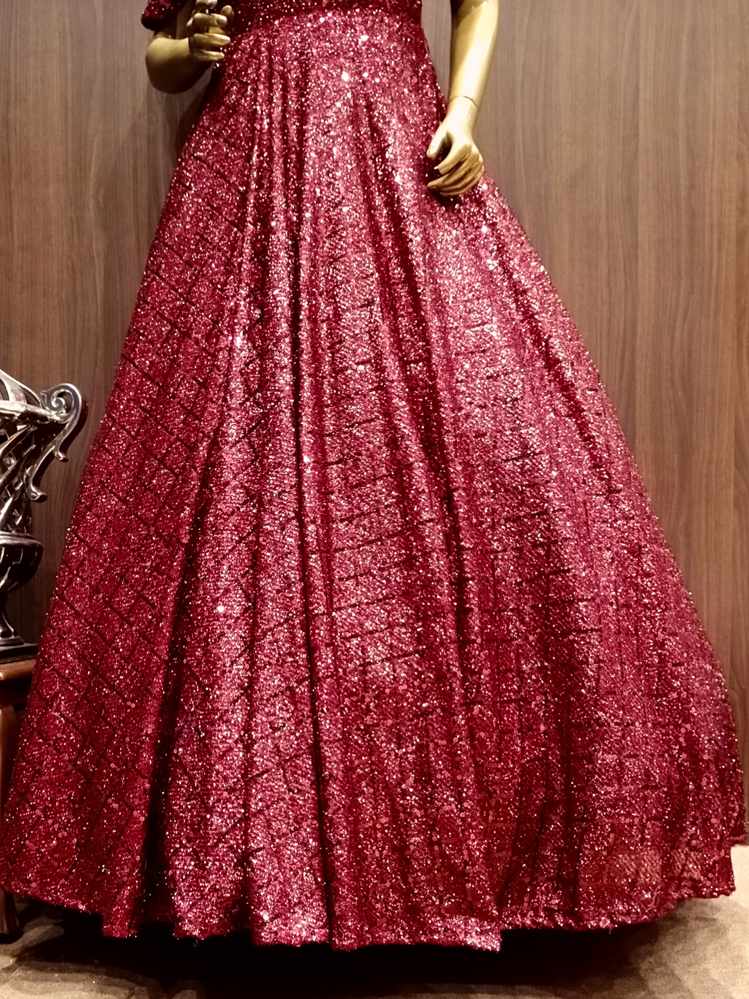 Maroon Flared Sequin Embellished Gown With Cold Shoulder Sleeves
