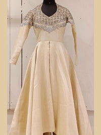 Cream Heavy Neck Embellished High Low Flared Gown Dress