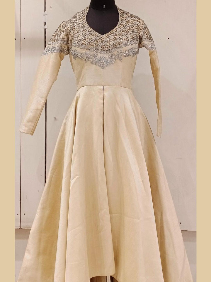 Cream Heavy Neck Embellished High Low Flared Gown Dress