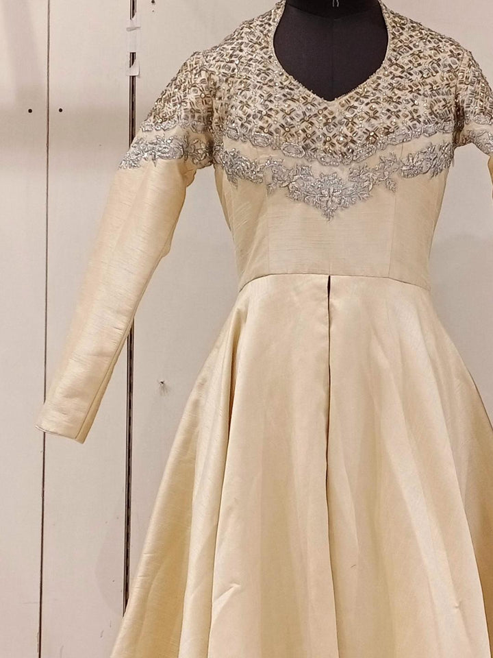 Cream Heavy Neck Embellished High Low Flared Gown Dress