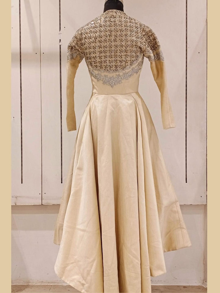 Cream Heavy Neck Embellished High Low Flared Gown Dress