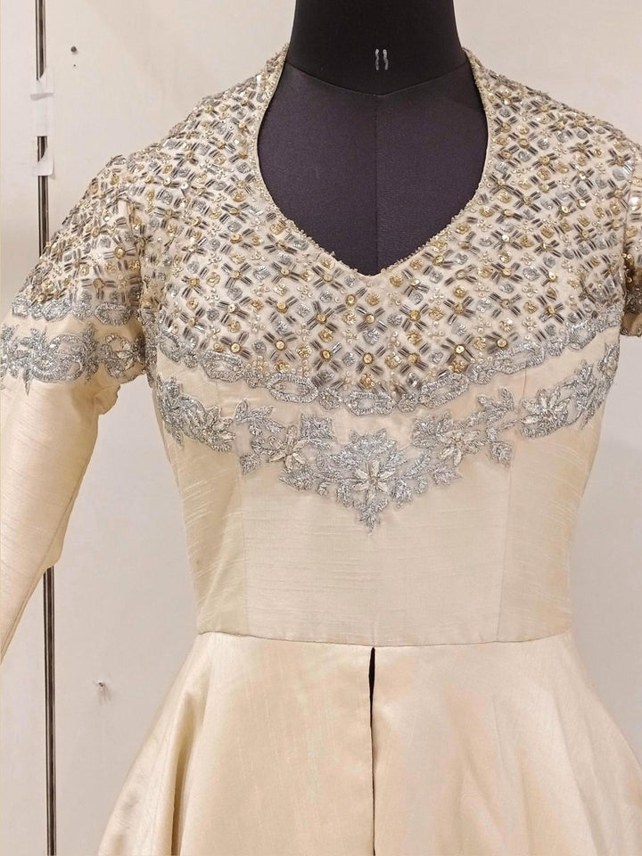 Cream Heavy Neck Embellished High Low Flared Gown Dress