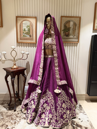 Raw Silk Zari & Thread Embroidered Lehenga Choli with Dupatta in Deep Purple