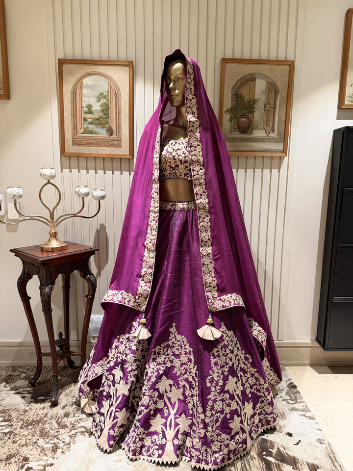 Raw Silk Zari & Thread Embroidered Lehenga Choli with Dupatta in Deep Purple