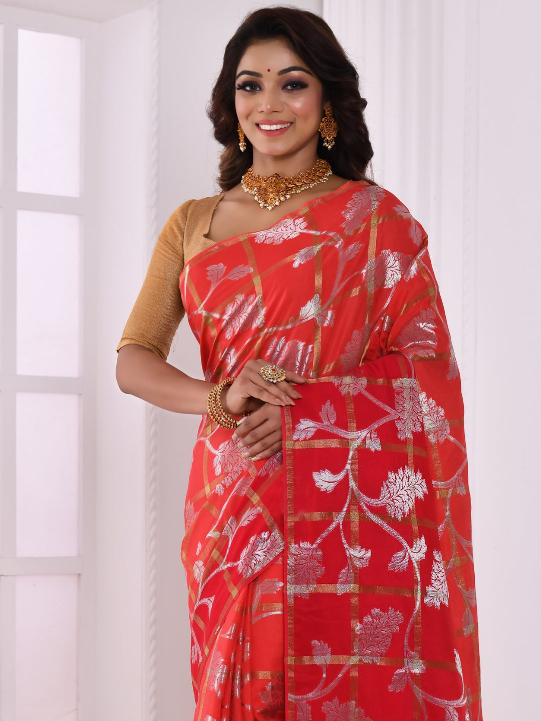 Red Floral Silver & Zari Banarasi Silk Woven Saree