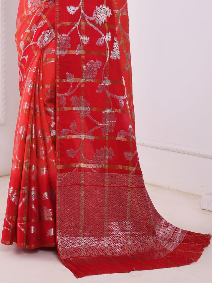 Red Floral Silver & Zari Banarasi Silk Woven Saree