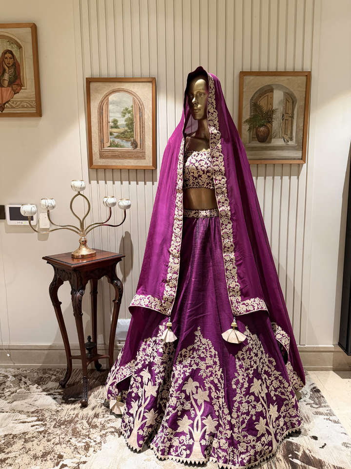 Raw Silk Zari & Thread Embroidered Lehenga Choli with Dupatta in Deep Purple
