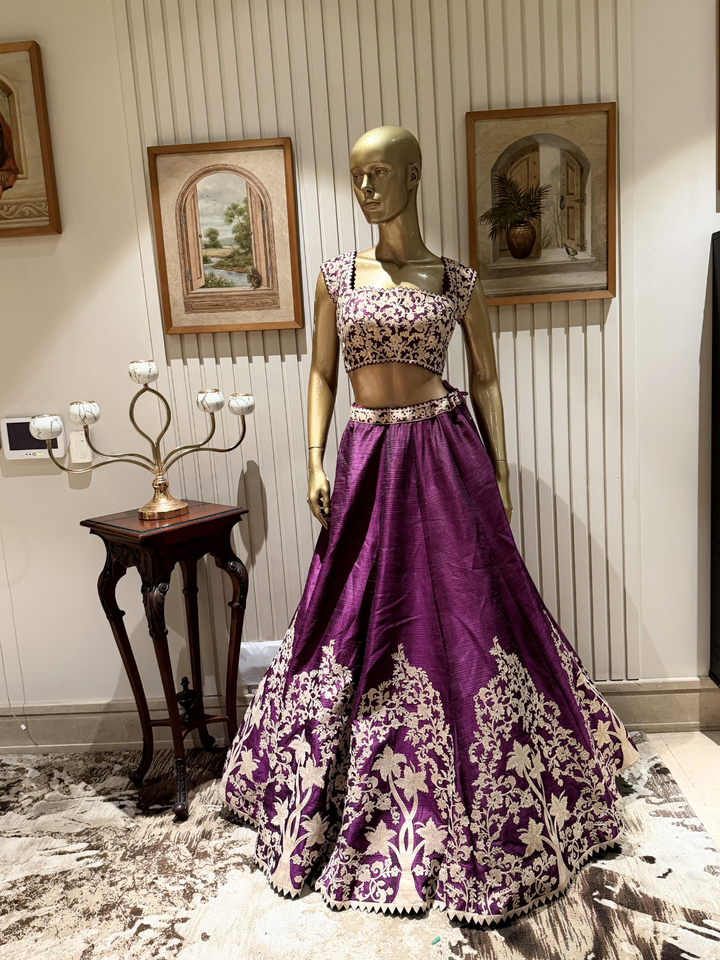 Raw Silk Zari & Thread Embroidered Lehenga Choli with Dupatta in Deep Purple